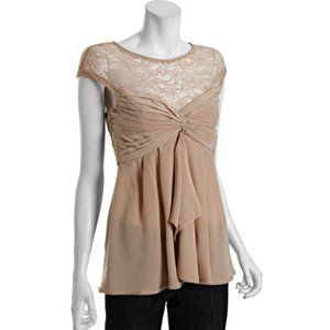 BCBGMAXAZRIA Nude Silk Shelly Draped Lace Blouse